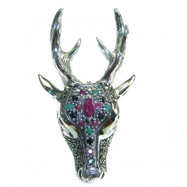 Large Deer Head Authentic Ruby .925 Sterling Silver handmade Ring size 7 - photo 4