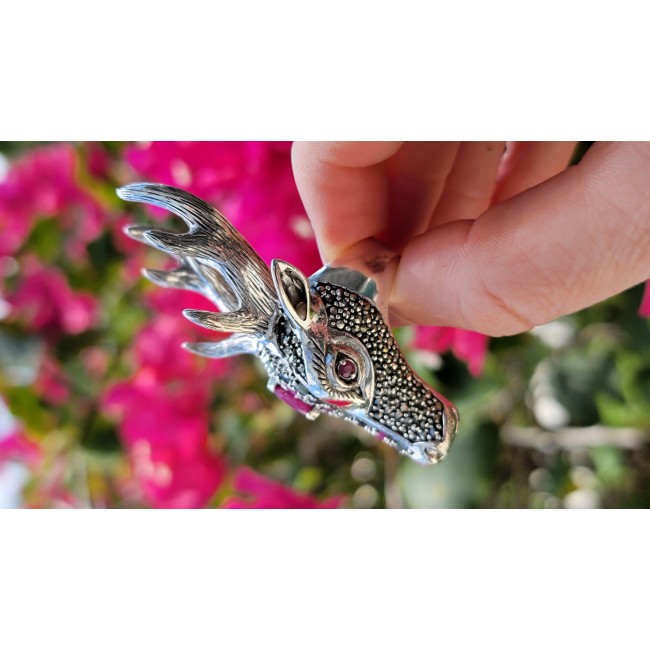 Large Deer Head Authentic Ruby .925 Sterling Silver handmade Ring size 7 - photo 2