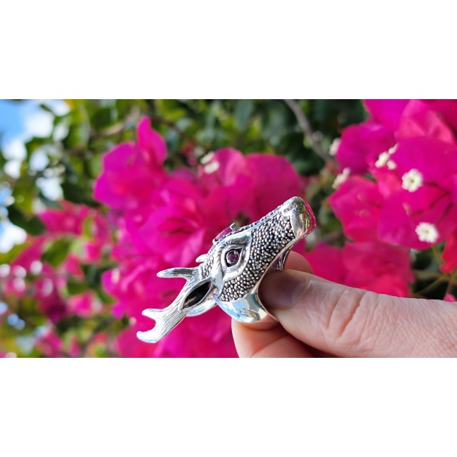Large Deer Head Authentic Ruby .925 Sterling Silver handmade Ring size 7 - photo 1