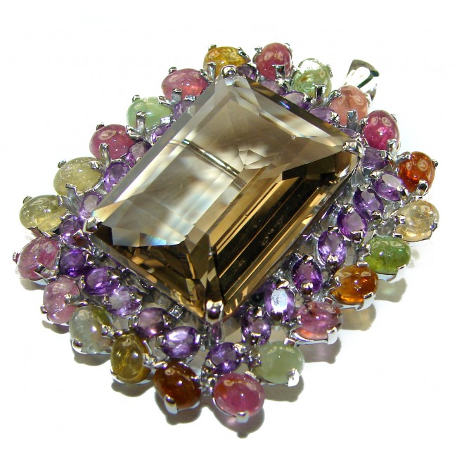 Luxurious 54.5 carat baguette cut Smoky Topaz Tourmaline .925 Sterling Silver handmade Pendant Brooch - photo 2