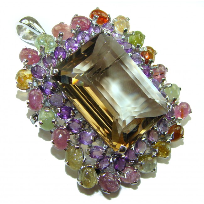 Luxurious 54.5 carat baguette cut Smoky Topaz Tourmaline .925 Sterling Silver handmade Pendant Brooch - photo 1