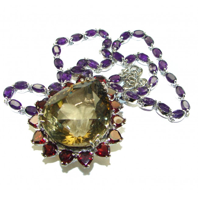 Outstanding carved Smoky Topaz .925 Sterling Silver handcrafted Statement necklace - photo 3