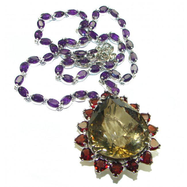 Outstanding carved Smoky Topaz .925 Sterling Silver handcrafted Statement necklace - photo 2