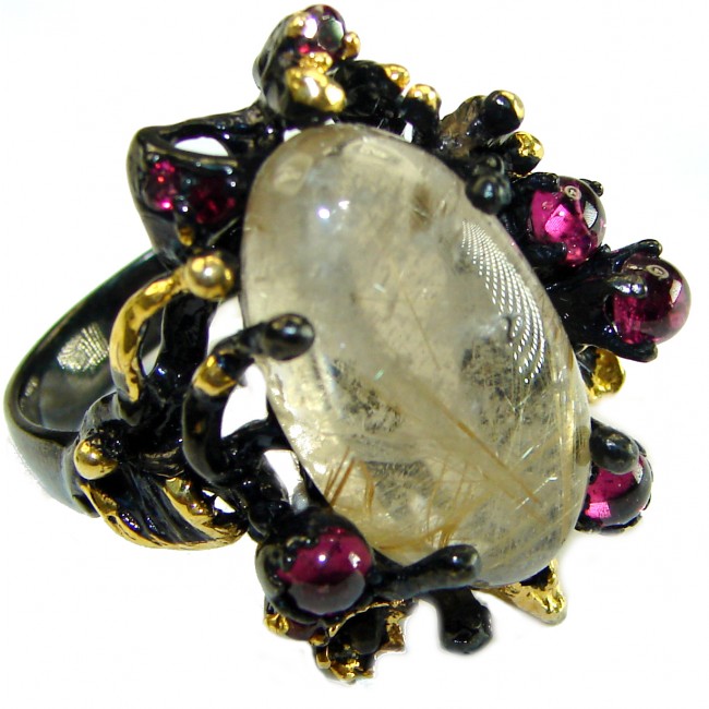 Large Best quality Golden Rutilated Quartz black rhodium over .925 Sterling Silver handcrafted Ring Size 8 1/2 - photo 3