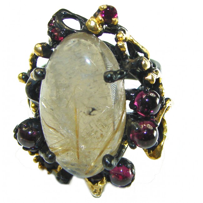 Large Best quality Golden Rutilated Quartz black rhodium over .925 Sterling Silver handcrafted Ring Size 8 1/2 - photo 2