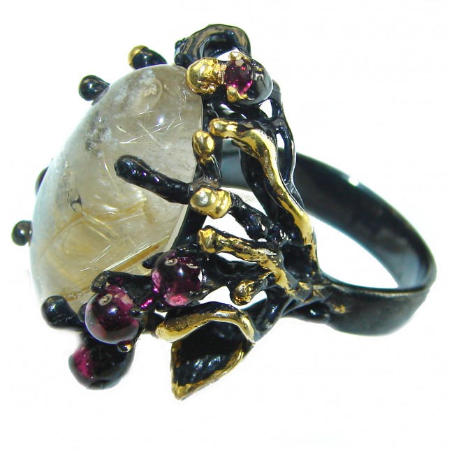 Large Best quality Golden Rutilated Quartz black rhodium over .925 Sterling Silver handcrafted Ring Size 8 1/2 - photo 1