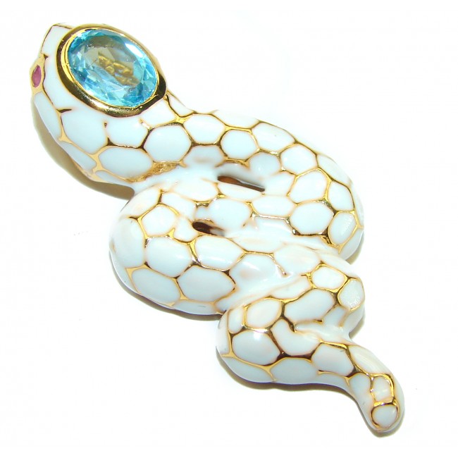 INCREDIBLE Natural Swiss Blue Topaz Enamel Snake 18K Gold over .925 Sterling Silver Pendant - photo 1