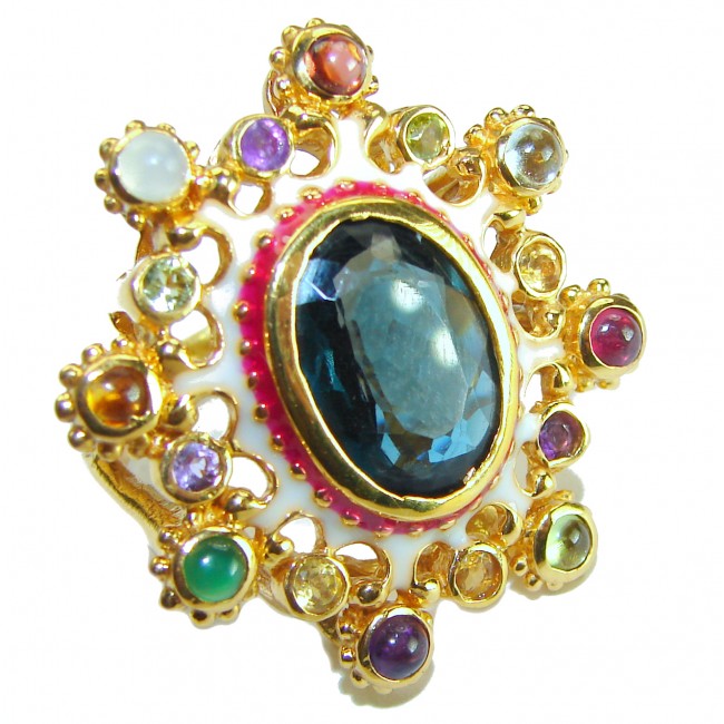 10.2 carat London Blue Topaz Enamel 18K Gold over .925 Sterling Silver handcrafted Ring size 8 1/4 - photo 3