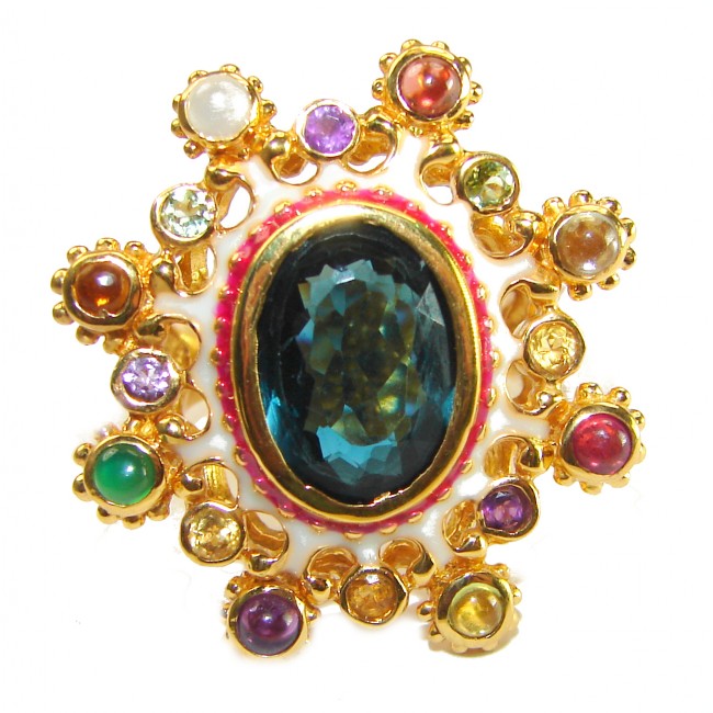 10.2 carat London Blue Topaz Enamel 18K Gold over .925 Sterling Silver handcrafted Ring size 8 1/4 - photo 2