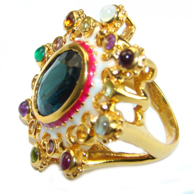 10.2 carat London Blue Topaz Enamel 18K Gold over .925 Sterling Silver handcrafted Ring size 8 1/4 - photo 1