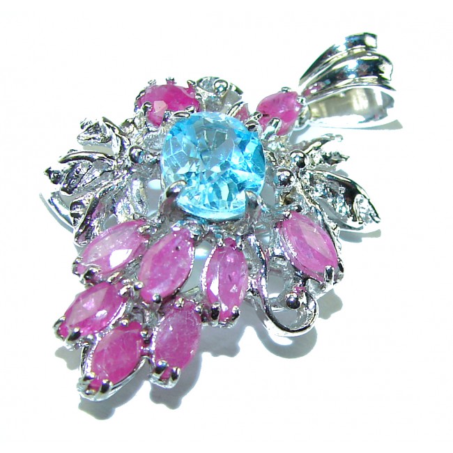Precious Treasure 8.5 carat Swiss Blue Topaz Ruby .925 Sterling Silver handmade Pendant - photo 3
