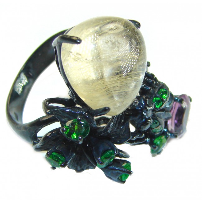 Large Best quality Golden Rutilated Quartz black rhodium over .925 Sterling Silver handcrafted Ring Size 8 1/4 - photo 3