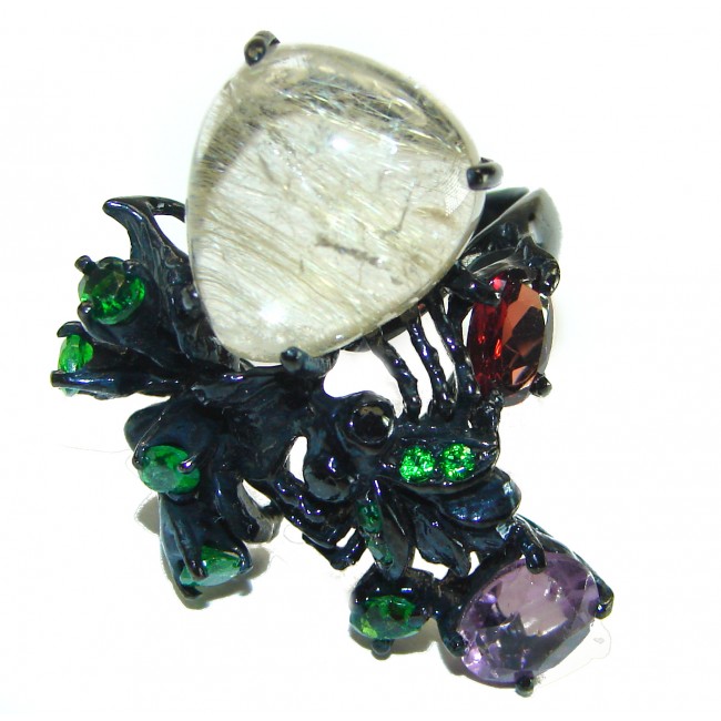 Large Best quality Golden Rutilated Quartz black rhodium over .925 Sterling Silver handcrafted Ring Size 8 1/4 - photo 2