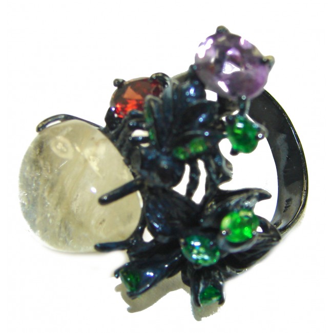 Large Best quality Golden Rutilated Quartz black rhodium over .925 Sterling Silver handcrafted Ring Size 8 1/4 - photo 1