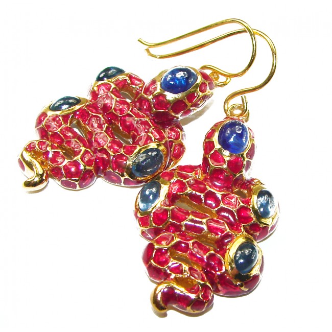 Very Unique Snakes Ruby Enamel 18K Gold over .925 Sterling Silver handcrafted earrings - photo 2