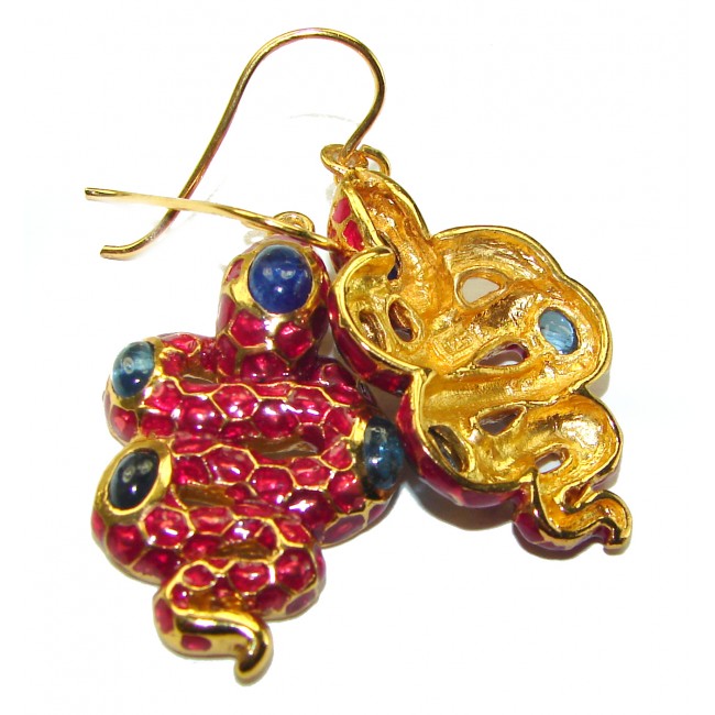 Very Unique Snakes Ruby Enamel 18K Gold over .925 Sterling Silver handcrafted earrings - photo 1
