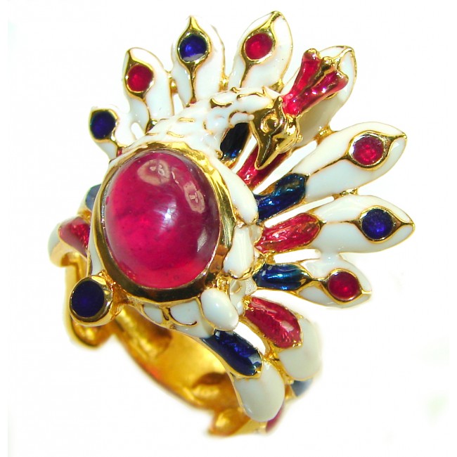 Graceful Peacock Enamel Ruby 18K Gold over .925 Sterling Silver Huge handcrafted Ring s. 7 3/4 - photo 3