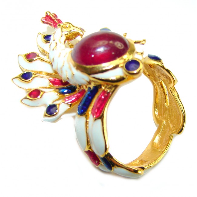 Graceful Peacock Enamel Ruby 18K Gold over .925 Sterling Silver Huge handcrafted Ring s. 7 3/4 - photo 1