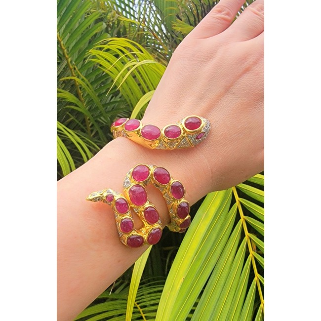 Huge Snake Genuine Kashmir Ruby 18K Gold over .925 Sterling Silver handcrafted Bracelet - photo 2
