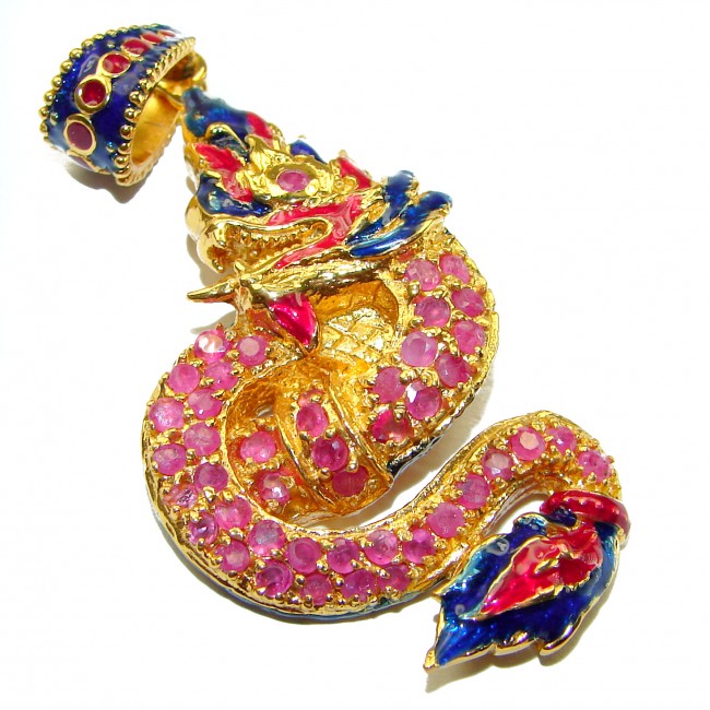 INCREDIBLE Natural Ruby Emerald Enamel Dragon 18K Gold over .925 Sterling Silver handcrafted Pendant
