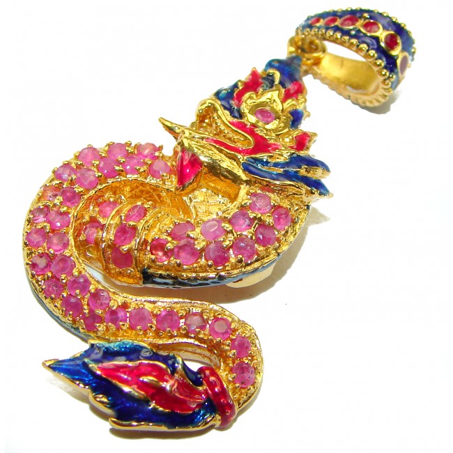 INCREDIBLE Natural Ruby Emerald Enamel Dragon 18K Gold over .925 Sterling Silver handcrafted Pendant