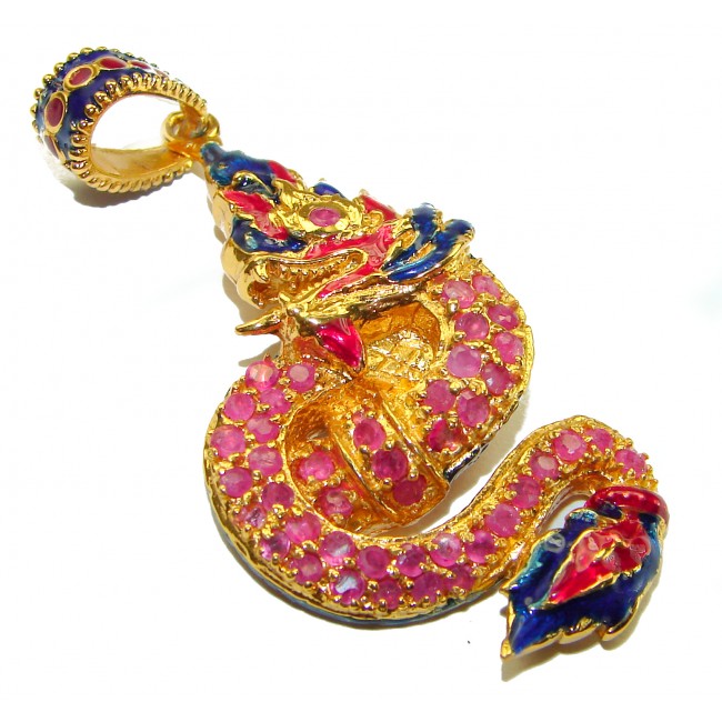 INCREDIBLE Natural Ruby Emerald Enamel Dragon 18K Gold over .925 Sterling Silver handcrafted Pendant