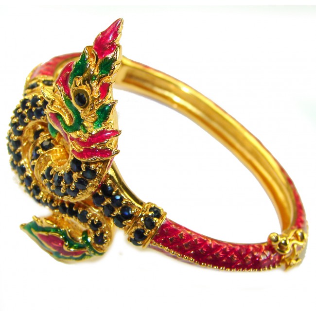 Truly Spectacular Dragon authentic 19.5 carat Ruby Enamel 14K Gold over .925 Sterling Silver handmade bangle Bracelet - photo 1