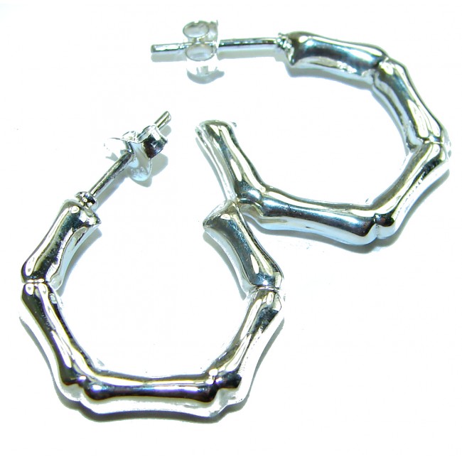 Bamboo Textured Hoop Italy made .925 Sterling Silver Earrings - photo 3