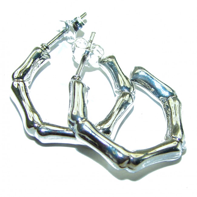 Bamboo Textured Hoop Italy made .925 Sterling Silver Earrings - photo 2