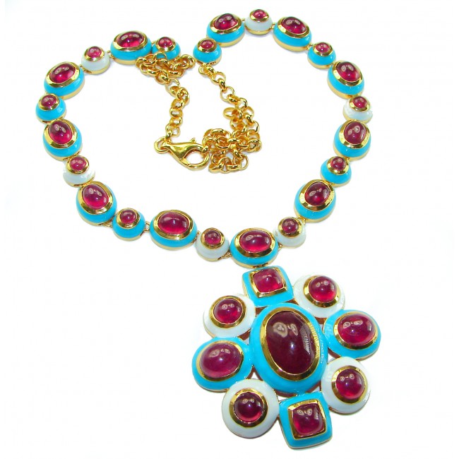 Infinity Authentic 145.2 carat Ruby Inlay Sleeping Beauty Turquoise 24 carat Gold over .925 Sterling Silver handcrafted large Statement necklace