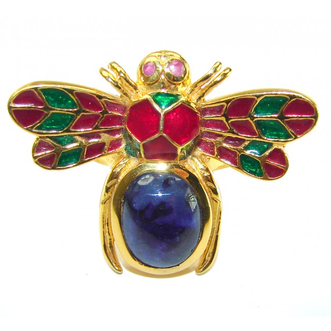 Lucky Bee Enamel Sapphire 18K Gold over .925 Sterling Silver Huge handcrafted Ring s. 6 1/2 - photo 3