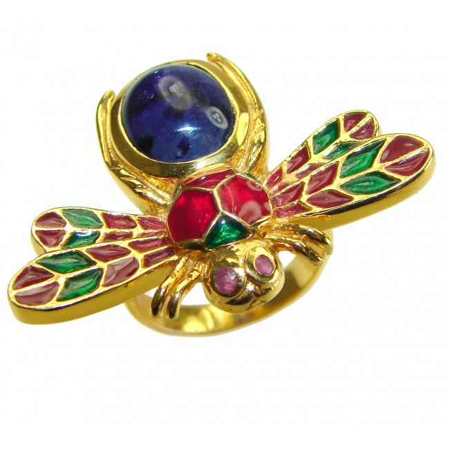 Lucky Bee Enamel Sapphire 18K Gold over .925 Sterling Silver Huge handcrafted Ring s. 6 1/2 - photo 2
