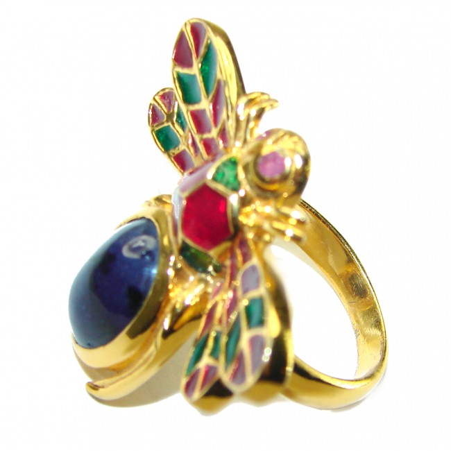 Lucky Bee Enamel Sapphire 18K Gold over .925 Sterling Silver Huge handcrafted Ring s. 6 1/2 - photo 1