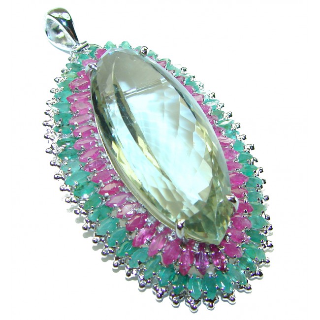 Green Queen marquise cut 55.5 carat Green Amethyst .925 Sterling Silver handcrafted Pendant Brooch