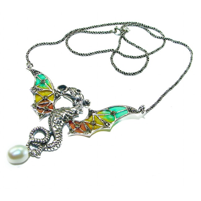 Awesome Flying Dragon Natural Enamel .925 Silver handcrafted Necklace