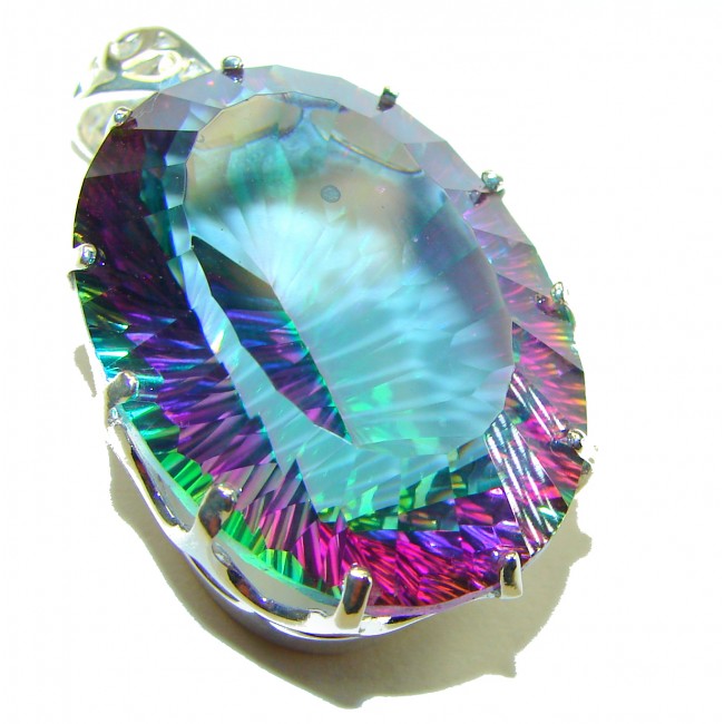 48.2 carat oval cut Mystic Aurora Topaz .925 Sterling Silver handcrafted Pendant