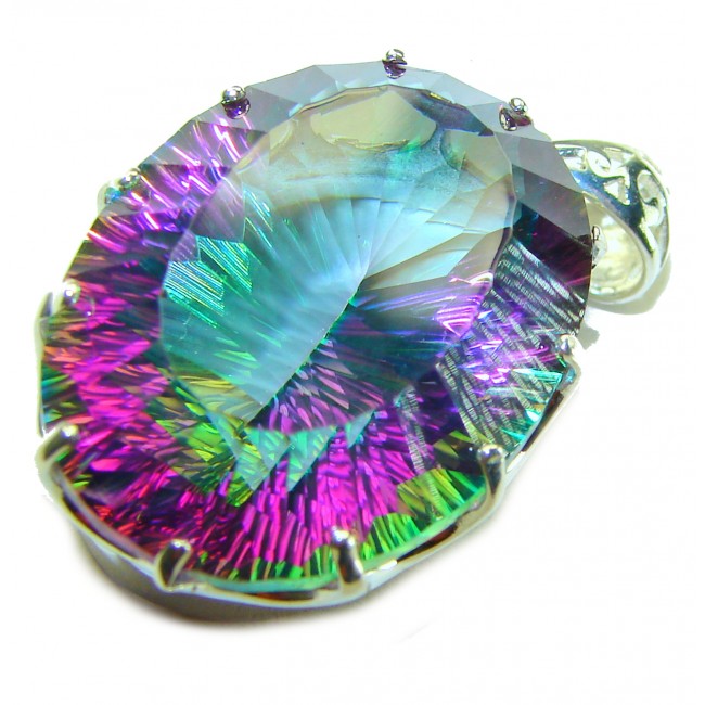 48.2 carat oval cut Mystic Aurora Topaz .925 Sterling Silver handcrafted Pendant