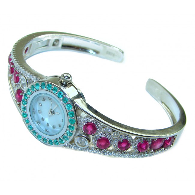 Precious Ruby Emerald .925 Sterling Silver handmade Bracelet Watch