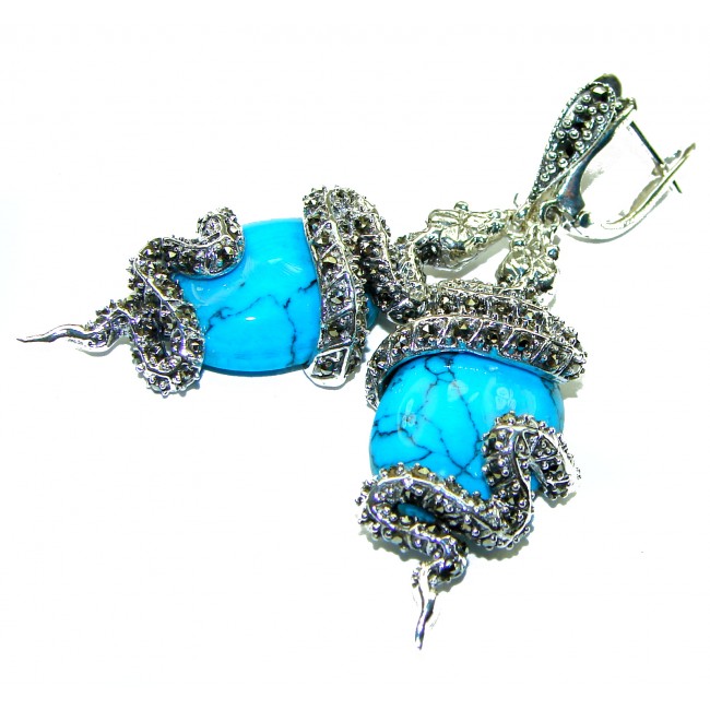 Great authentic Marcasite Turquoise .925 Sterling Silver handcrafted Earrings - photo 2