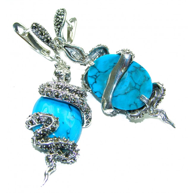 Great authentic Marcasite Turquoise .925 Sterling Silver handcrafted Earrings - photo 1