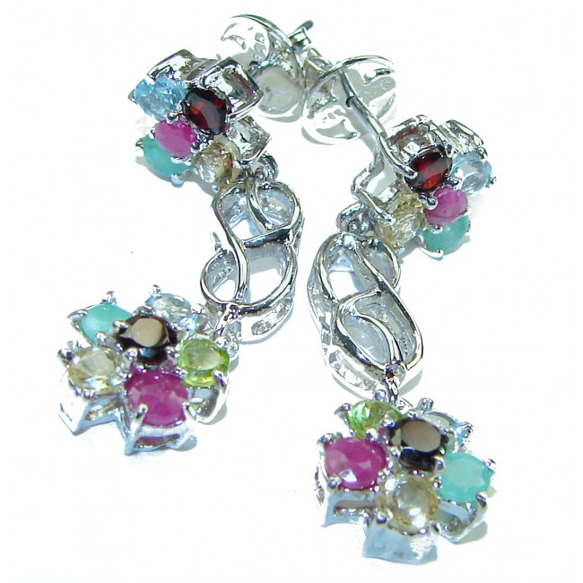 Luxurious Floral design Authentic Ruby Emerald .925 Sterling Silver handcrafted Statement earrings