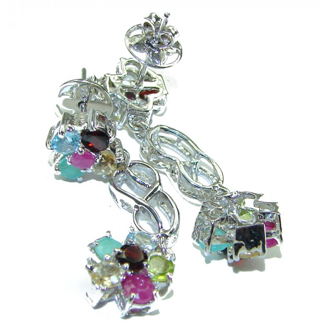 Luxurious Floral design Authentic Ruby Emerald .925 Sterling Silver handcrafted Statement earrings
