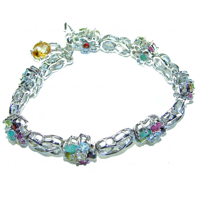Luxurious Floral design Authentic Ruby Emerald .925 Sterling Silver handcrafted Statement Bracelet - photo 2