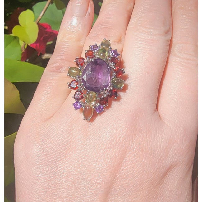 Fnacy design 20.8 carat Amethyst .925 Sterling Silver Handcrafted Ring size 6 1/2 - photo 1