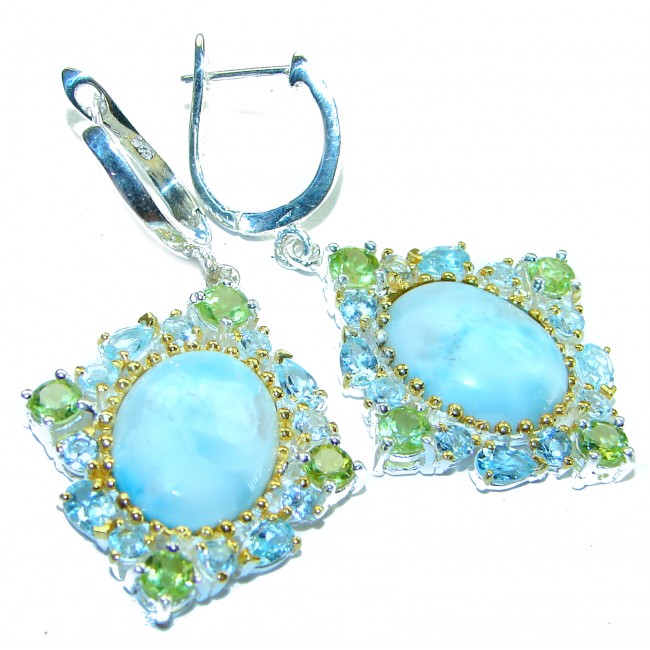 Venus Genuine 14.5 carat Blue Larimar 14K Gold over .925 Sterling Silver handmade earrings - photo 4