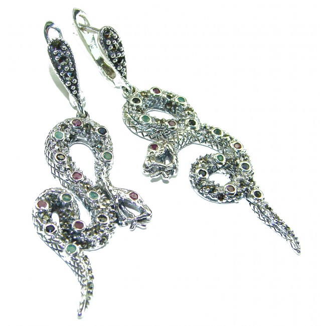 Snakes natural Sapphire marcasite .925 Sterling Silver Earrings - photo 3
