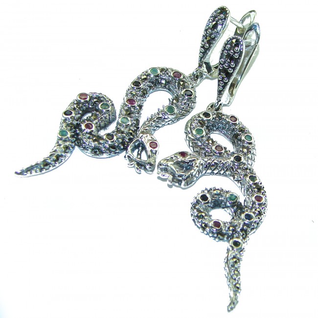 Snakes natural Sapphire marcasite .925 Sterling Silver Earrings - photo 2