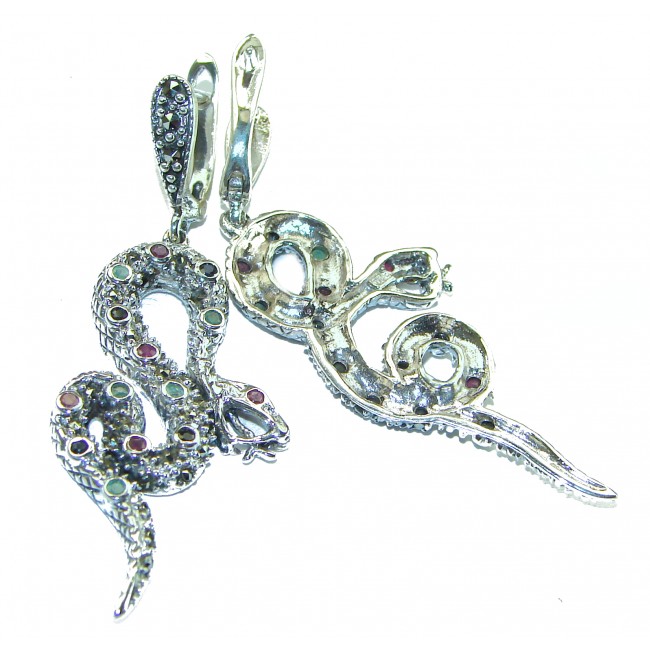 Snakes natural Sapphire marcasite .925 Sterling Silver Earrings - photo 1