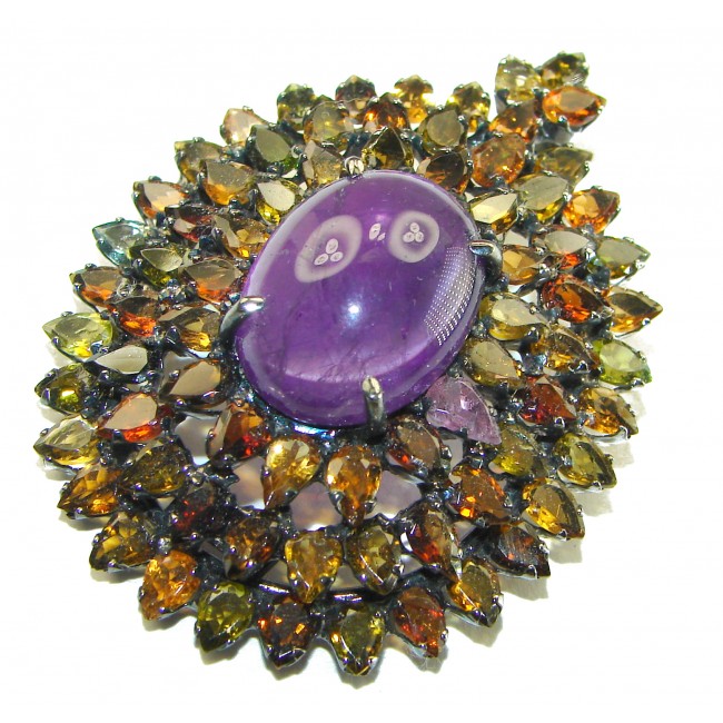 Vintage Design 35.6 carat Amethyst Tourmaline .925 Sterling Silver handcrafted Pendant & Brooch