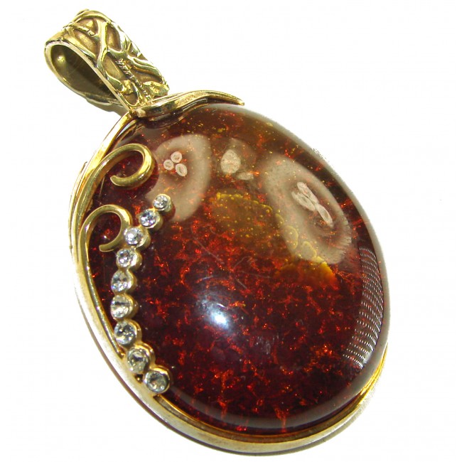 Best quality Large Cognac Baltic Amber white Crystals 14K Gold over .925 Sterling Silver handmade Pendant - photo 3